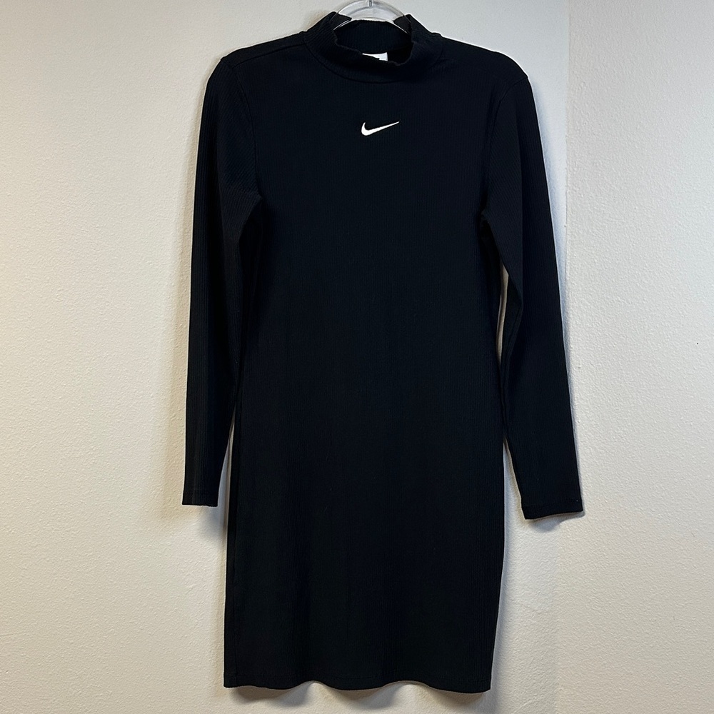 Nike Black Long Sleeve Mock Neck Mini Dress White Embroidered Swoosh Logo Size M - Picture 3 of 6